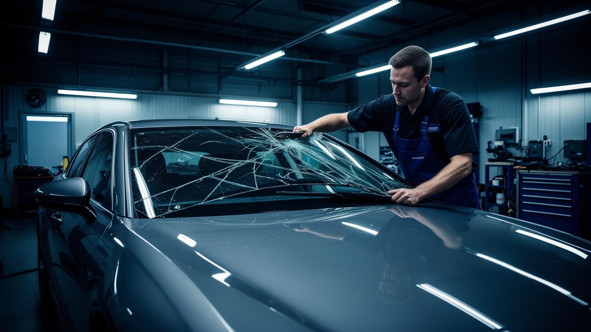 Auto glass technician replacing a windshield